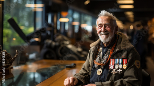 A cheerful elderly veteran proudly wearing his military medals sits in a public setting photo