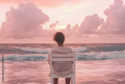 Woman in beige, sitting on a white chair at the shore, with pink clouds and the ocean before her.