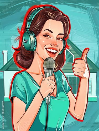 Woman in headphones with a microphone, happy and smiling, standing against a house background, thumbs up