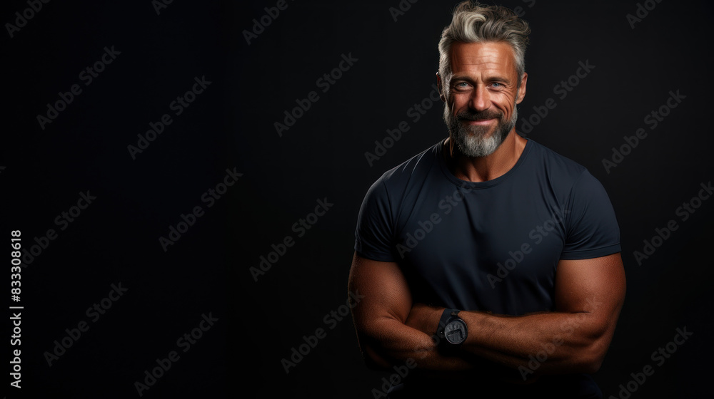 Muscular mature man with a charming smile poses confidently against a black background Muscular mature man with a charming smile poses confidently against a black background