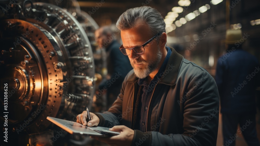 A mature man in a coat signs off on paperwork, surrounded by industrial equipment, in a factory setting