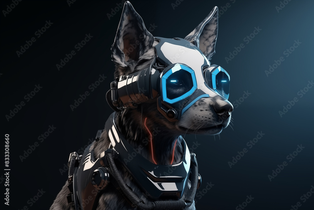 Cyberpunk dog with futuristic bionic face mask. Generative AI Cyberpunk dog with futuristic bionic face mask. Generative AI