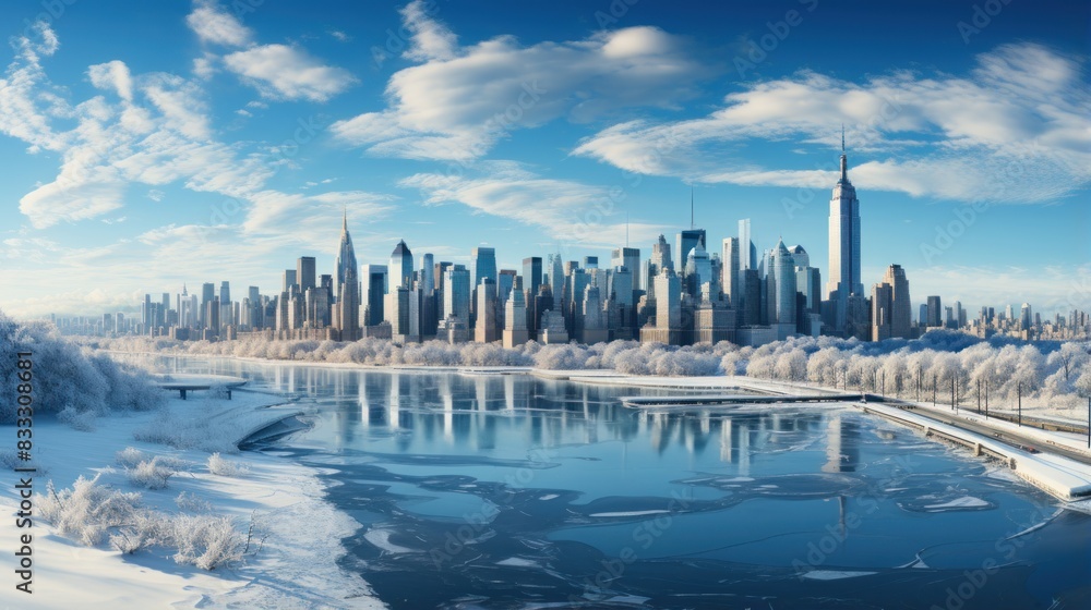 An expansive wintry view of New York City's skyline with icy waters in the foreground