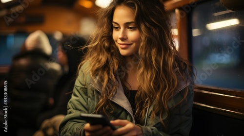 A young woman looks pensively at her smartphone while seated in a train with blurred background photo