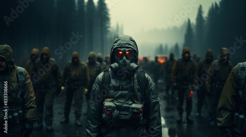 A group of soldiers marches in a foggy forest, led by a figure with red glowing eyes and a gas mask