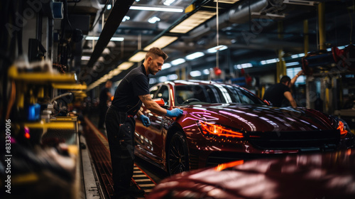 A diligent worker buffs a sleek red car at an automotive assembly plant, representing meticulous craftsmanship photo