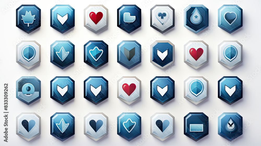 A collection of various hexagonal icons with game symbols, designed in a modern, stylized manner A collection of various hexagonal icons with game symbols, designed in a modern, stylized manner