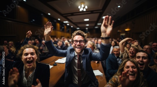 Crowd of enthusiastic people cheering and clapping with a man in focus exuberantly expressing joy