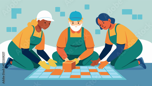 A group of skilled volunteers meticulously laying tiles in the kitchen creating a beautiful new backsplash for the family to enjoy.. Vector illustration