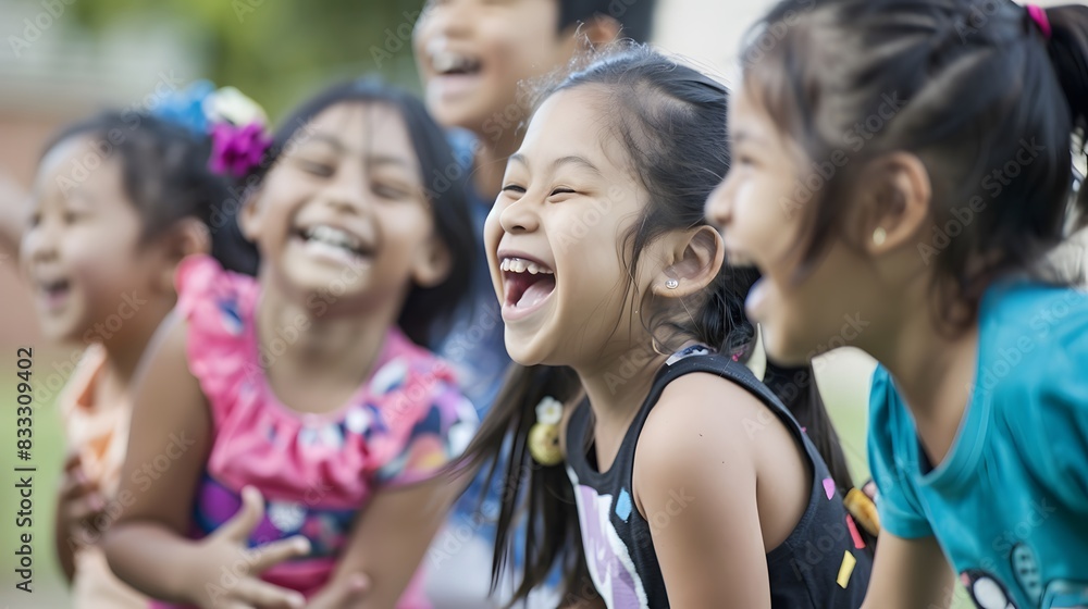 A group of joyful children laughing together outdoors, showing the essence of happiness, friendship, and playtime. A group of joyful children laughing together outdoors, showing the essence of happiness, friendship, and playtime.