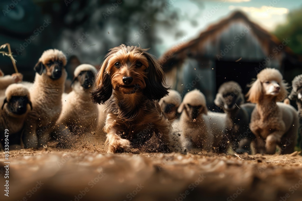 A determined dog leads a playful group of lambs through a dusty farm path, showcasing teamwork and camaraderie in nature.