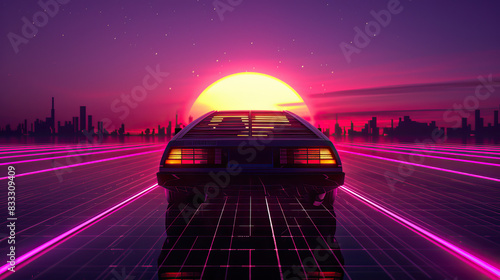 Artistic, aesthetic 90s car on neon laser gridlines driving towards sunset horizon. 3D 80s retro wave, futuristic, clear, simple, beautiful, isolated, futurism, background, template, pink city photo