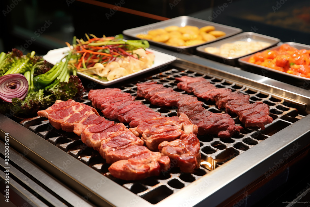 Vegetables and meat preparing on grill. Generative AI Vegetables and meat preparing on grill. Generative AI
