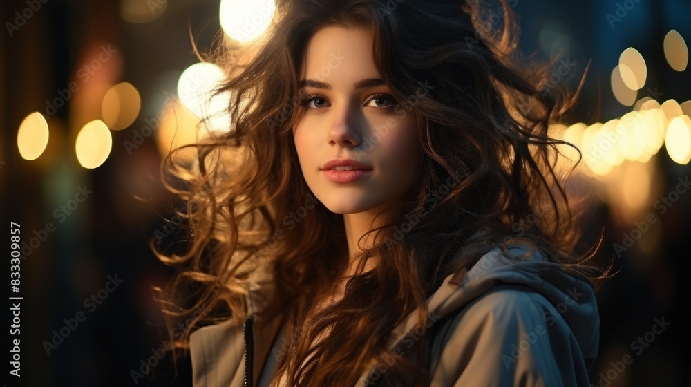 A stunning portrait of a young woman with wavy hair, set against a backdrop of bokeh city lights at night