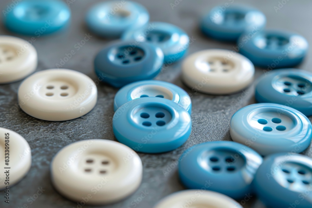 Blue and white button collection for fashion and crafting: assorted buttons on a grey background, ideal for creative projects and diy designs Blue and white button collection for fashion and crafting: assorted buttons on a grey background, ideal for creative projects and diy designs