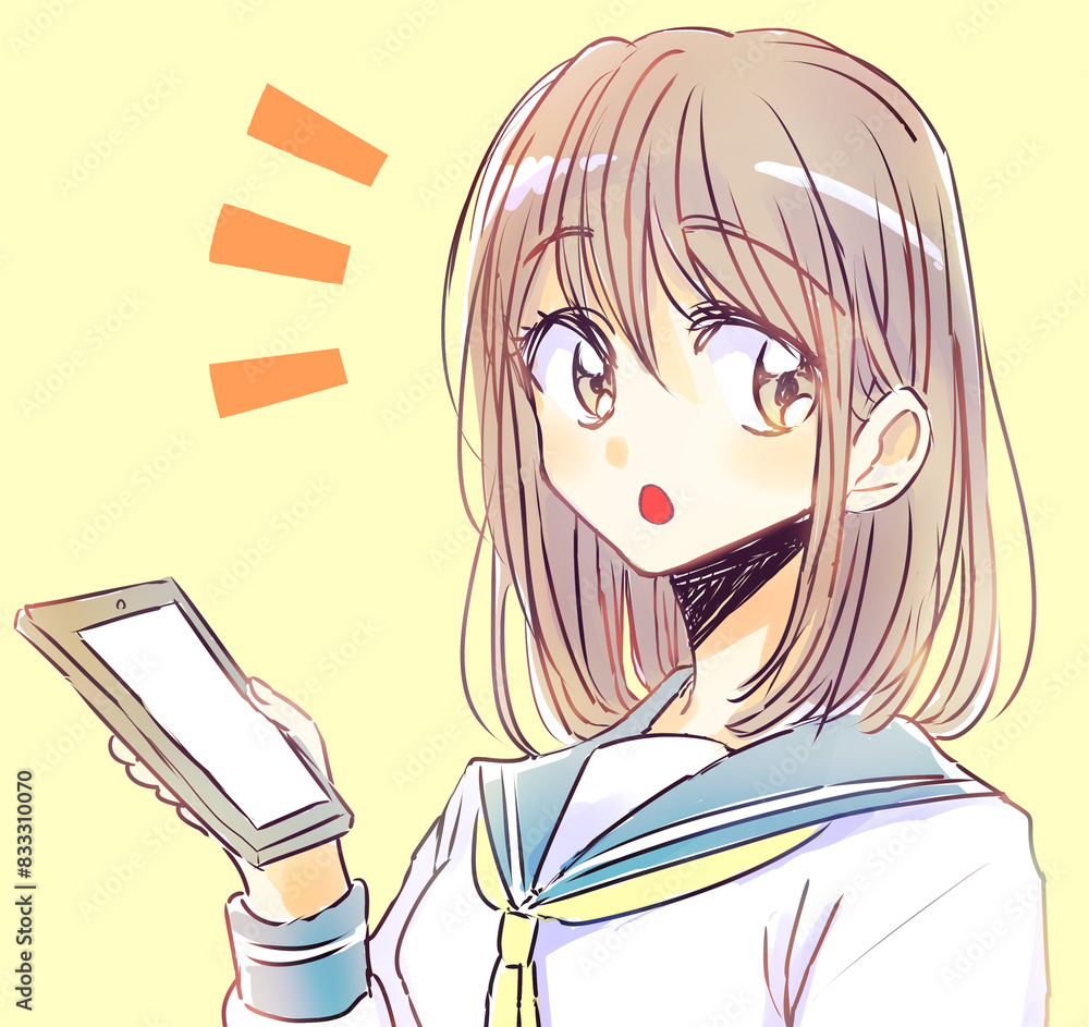 スマホを持つゆるい女子学生　茶髪　気付く