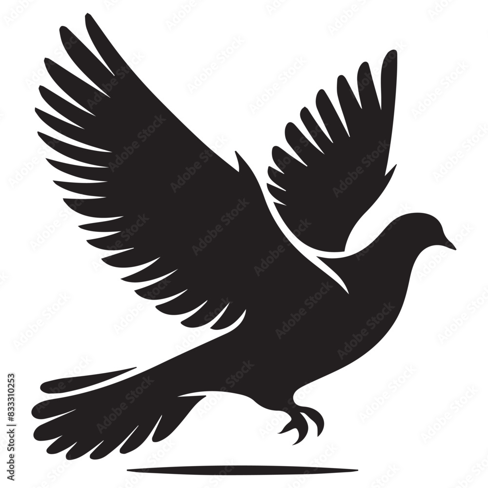 Fototapeta premium Dove silhouette - flying bird isolated on a white background. Pigeon with wings black sign. Flat design simple style vector illustration.