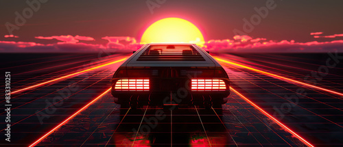 Artistic, aesthetic 90s car on neon laser gridlines driving towards sunset horizon. 3D 80s retro wave, futuristic, clear, simple, beautiful, isolated, futurism, background, template, mirrored floor photo
