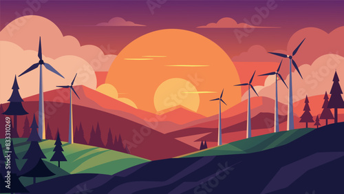 The beauty of sustainability as the wind farm at sunset symbolizes the promise of a better future for the planet.. Vector illustration