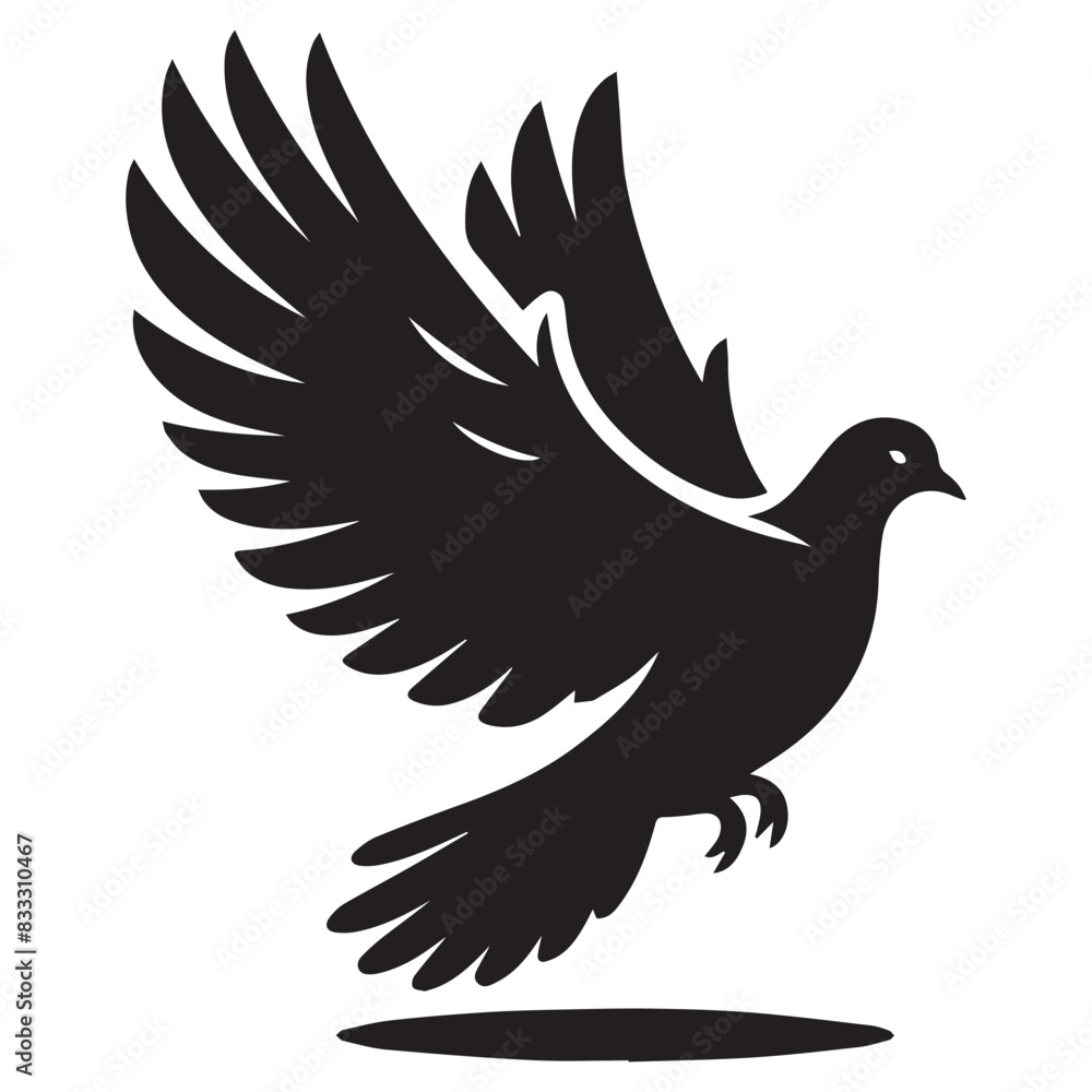 Fototapeta premium Dove silhouette - flying bird isolated on a white background. Pigeon with wings black sign. Flat design simple style vector illustration.
