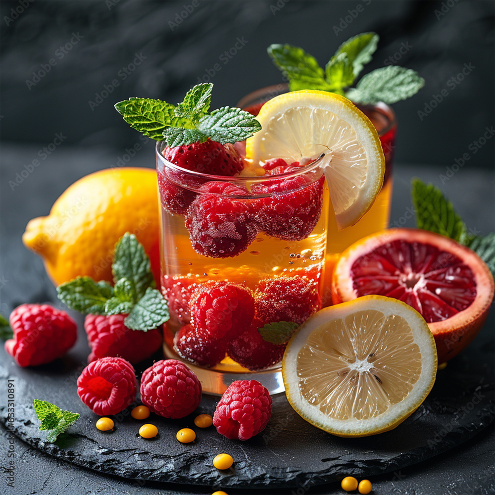 Cool freshly made lemonade and fruits on grey wooden table. Made with generative ai Cool freshly made lemonade and fruits on grey wooden table. Made with generative ai