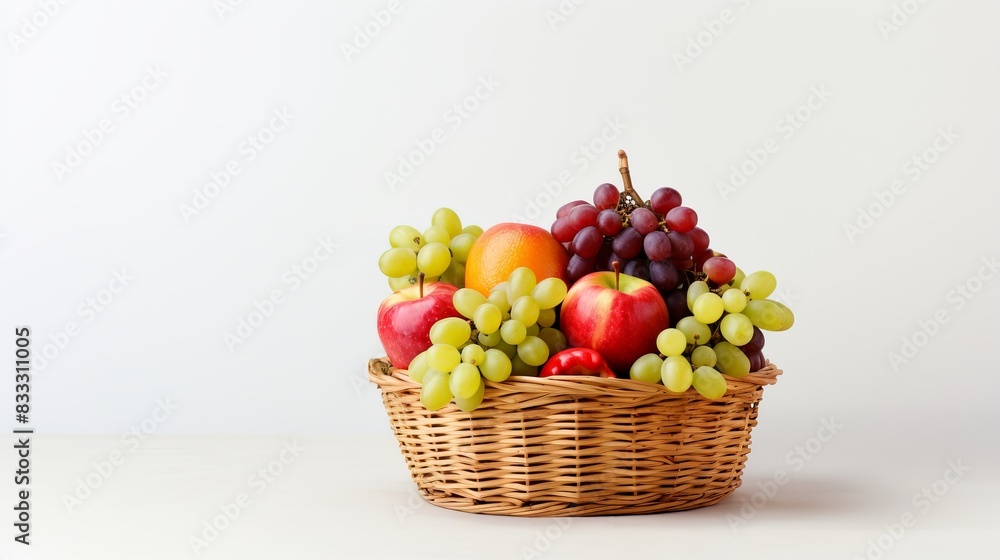 A beautiful basket filled with a variety of fruits, including apples, oranges, and grapes, is displayed on a white background.