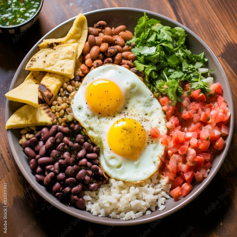 A colorful and nutritious breakfast bowl with fried eggs, beans, tomatoes, rice, and greens on a wooden table. A colorful and nutritious breakfast bowl with fried eggs, beans, tomatoes, rice, and greens on a wooden table.