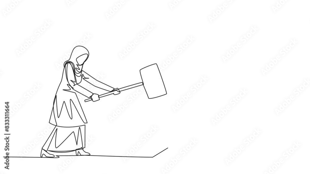 Animation of single continuous line drawing Arabian businesswoman preparing to hit big star. The destroyer of dream. Failed to get the best career position. Anger overflowed. Full length motion Animation of single continuous line drawing Arabian businesswoman preparing to hit big star. The destroyer of dream. Failed to get the best career position. Anger overflowed. Full length motion