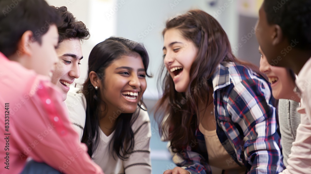 Obraz premium A group of diverse teenagers sharing a joyful moment, laughing and bonding in a close indoor setting.