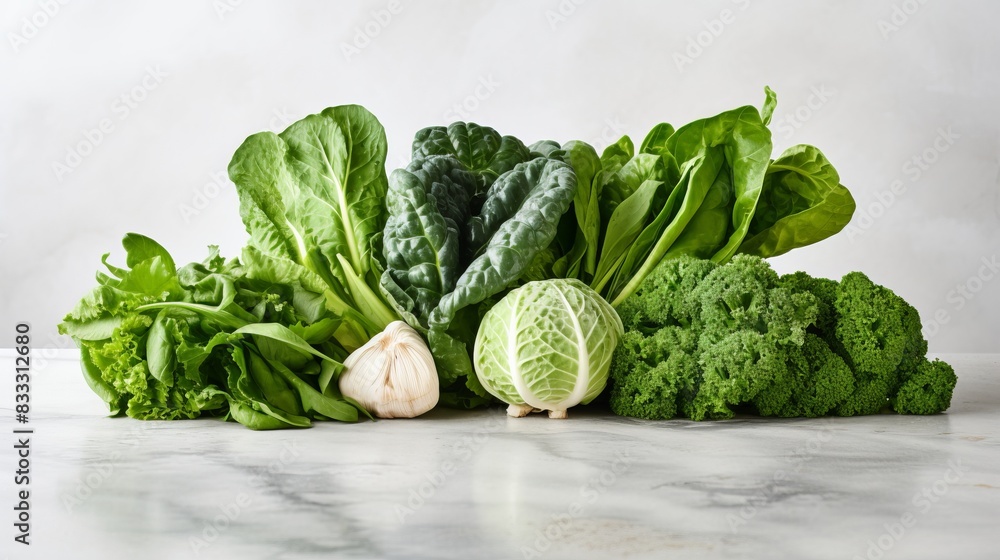 A variety of fresh green vegetables including lettuce, kale, garlic, and broccoli displayed on a marble surface. A variety of fresh green vegetables including lettuce, kale, garlic, and broccoli displayed on a marble surface.