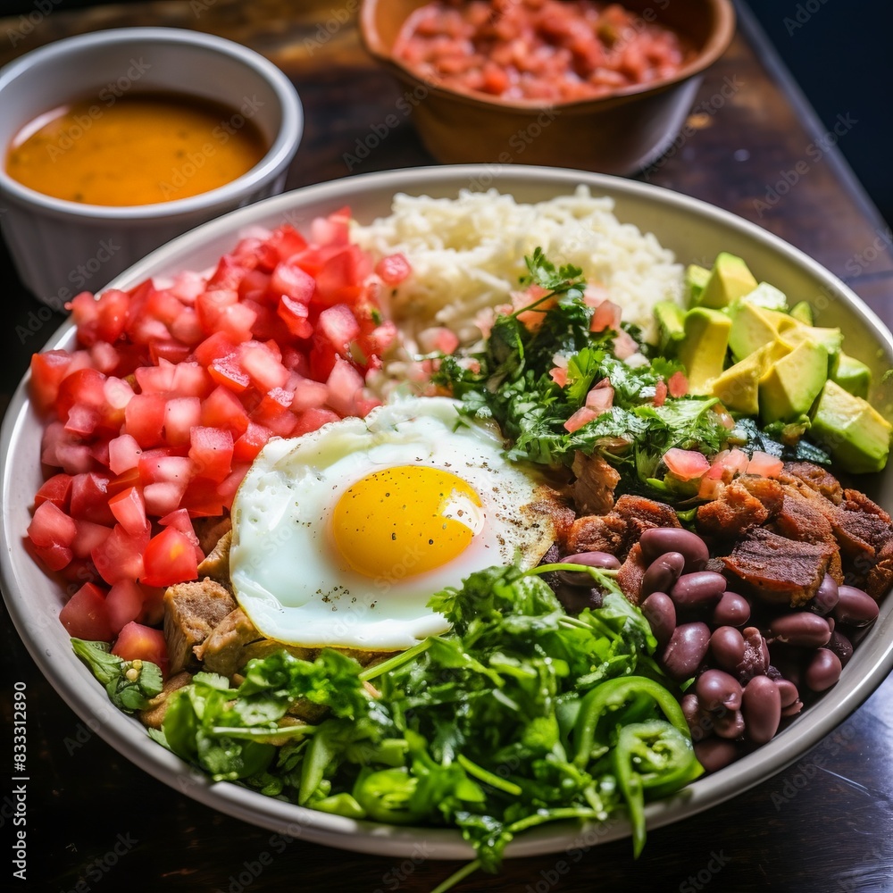 A vibrant Mexican-inspired breakfast bowl with eggs, beans, avocado, tomato, rice, and various vegetables, perfect for a healthy meal. A vibrant Mexican-inspired breakfast bowl with eggs, beans, avocado, tomato, rice, and various vegetables, perfect for a healthy meal.