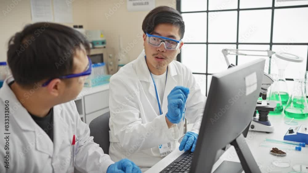 Two asian scientists discussing data on a computer in a laboratory setting. Two asian scientists discussing data on a computer in a laboratory setting.