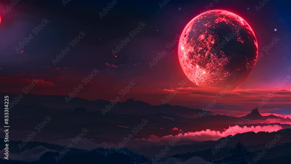 A red moon rises over a silhouette of towering mountain peaks in the night sky, A red moon hanging low in the night sky, casting a blood-red glow over the landscape A red moon rises over a silhouette of towering mountain peaks in the night sky, A red moon hanging low in the night sky, casting a blood-red glow over the landscape