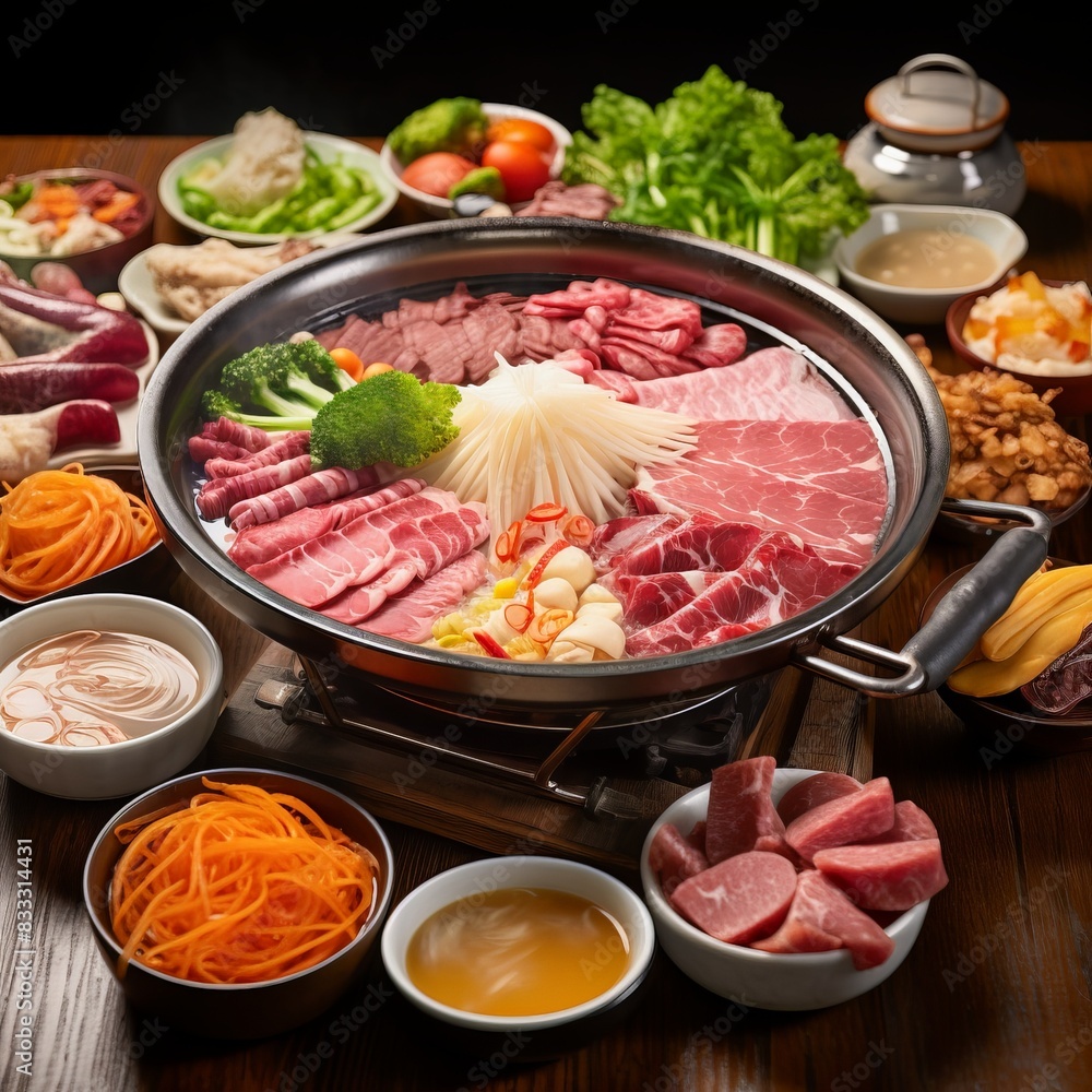Assorted fresh ingredients for hot pot preparation, including vegetables, meats, and broths arranged on a wooden table. Assorted fresh ingredients for hot pot preparation, including vegetables, meats, and broths arranged on a wooden table.