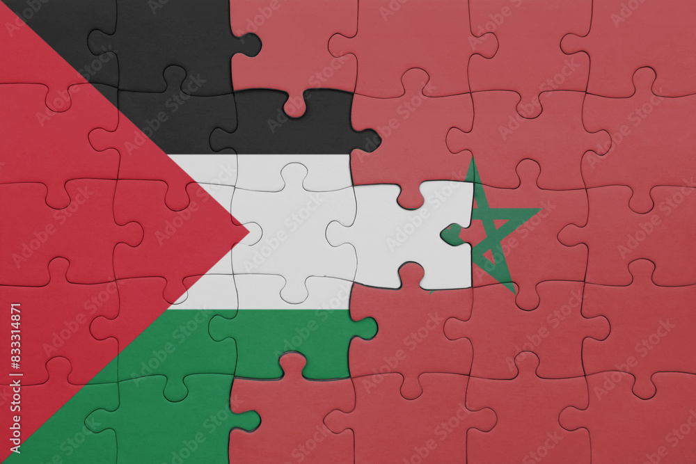 puzzle with the colourful national flag of morocco and flag of palestine. puzzle with the colourful national flag of morocco and flag of palestine.