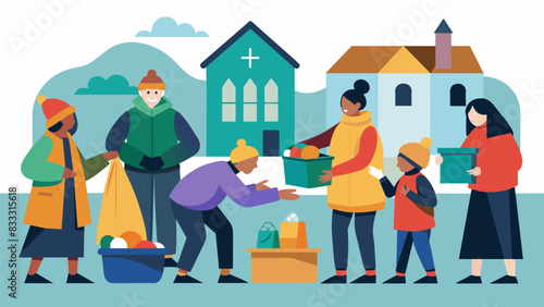 The church transforms into a gathering place for compassion and generosity as volunteers young and old come together to help gather organize and. Vector illustration