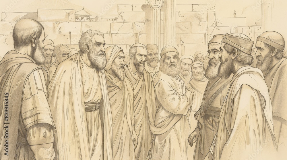 Fototapeta premium Biblical Illustration of Acts 2: Coming of Holy Spirit at Pentecost, Peter's Sermon, Conversion of Three Thousand on Beige Background with Copyspace