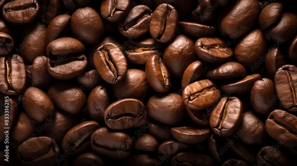 Naklejka premium Close-up of roasted coffee beans, showcasing their rich brown texture and inviting aroma, perfect for representing a coffee lover's delight.
