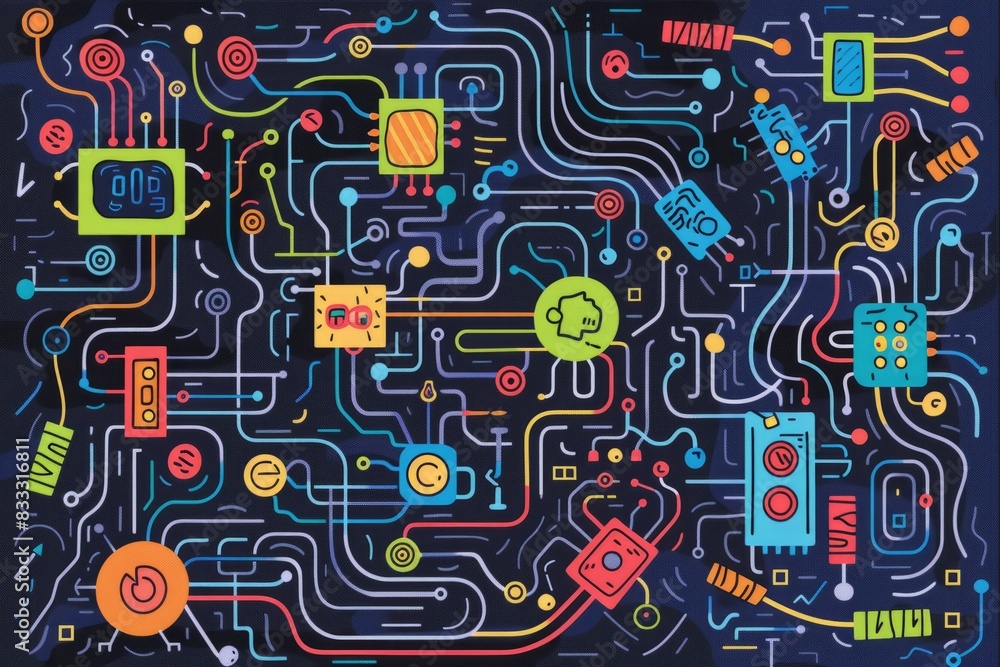 Cartoon cute doodles of a circuit board with colorful wires and electronic components, Generative AI Cartoon cute doodles of a circuit board with colorful wires and electronic components, Generative AI