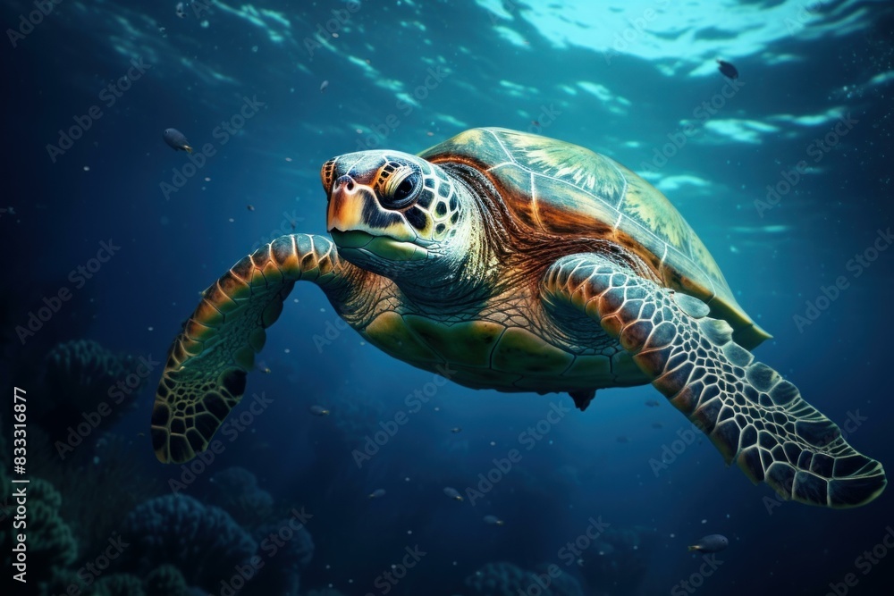 Fototapeta premium Graceful sea turtle glides through the blue ocean depths, showcasing its intricate shell and flippers
