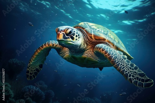 Graceful sea turtle glides through the blue ocean depths  showcasing its intricate shell and flippers