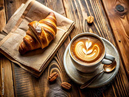 Morning coffee in a cup on a table with croissants photo