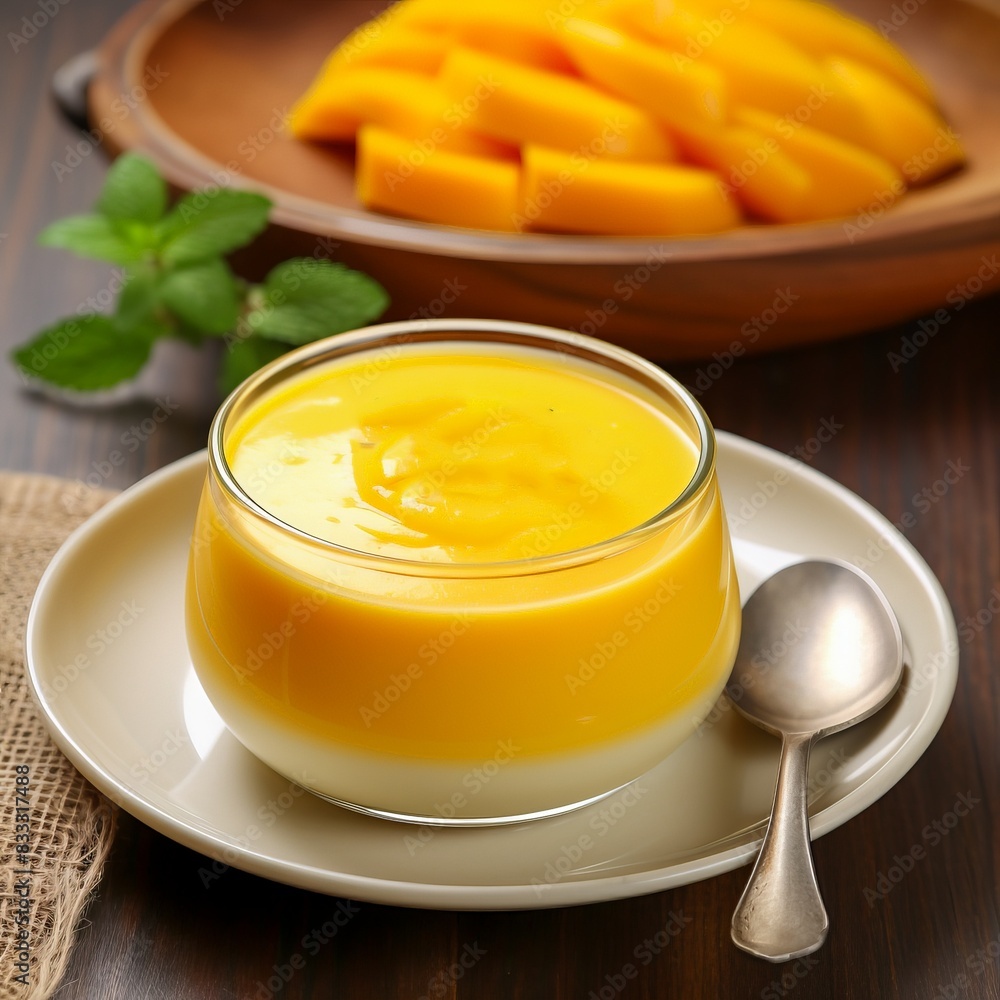 Delicious mango pudding in a glass bowl with spoon, garnished with fresh mint, wooden background, slices of mango in the background. Delicious mango pudding in a glass bowl with spoon, garnished with fresh mint, wooden background, slices of mango in the background.