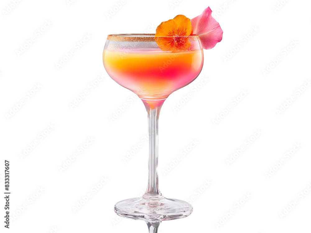 A cylindrical glass with a long stemmed cocktail its layers of pink and orange gradient A cylindrical glass with a long stemmed cocktail its layers of pink and orange gradient