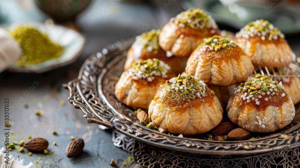 Maamoul pastries filled with dates, pistachios, or walnuts.
Maamoul pastries filled with dates, pistachios, or walnuts.