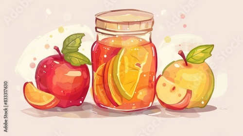 A glass jar of apple and orange jam.