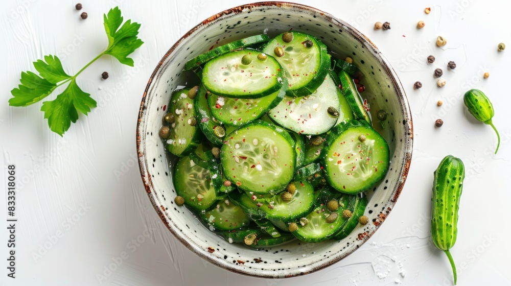 A bowl of fermented cucumbers on a white background.
A bowl of fermented cucumbers on a white background.