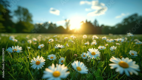 Green meadow with white daisies and blue sky. Beautiful summer landscape