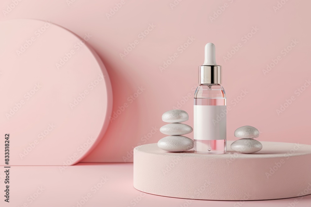 a glass bottle with cosmetic serum on top and two white stones, isolated against a pastel pink background. Mockup for a logo or text. A bottle of white cosmetic serum with a silver cap stands. a glass bottle with cosmetic serum on top and two white stones, isolated against a pastel pink background. Mockup for a logo or text. A bottle of white cosmetic serum with a silver cap stands.