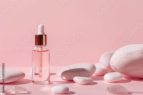 a glass bottle with cosmetic serum on top and two white stones, isolated against a pastel pink background. Mockup for a logo or text. A bottle of white cosmetic serum with a silver cap stands.